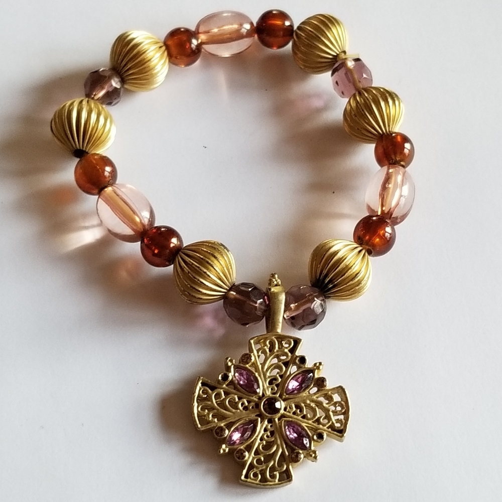 Fancy cross Beaded bracelet purple brown gold tone maltese handmade